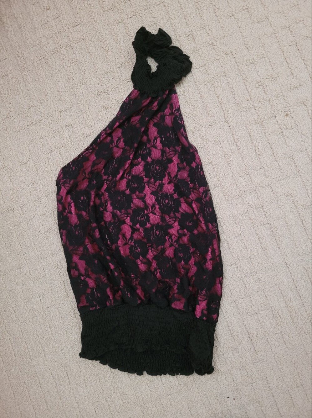 Women’s Black Lace Overlay Pink Halter Top